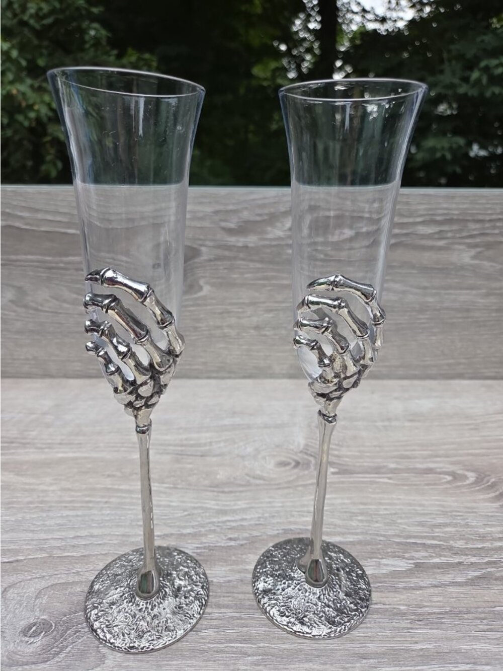 Two Pottery Barn Skeleton Hand Champagne Flutes Halloween Gothic Metal & Glass